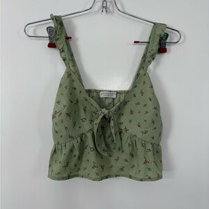 Sage Floral Fairycore Boho Crop Peplum Flowy Ruffle Tie Top XS Y2K Cottagcore